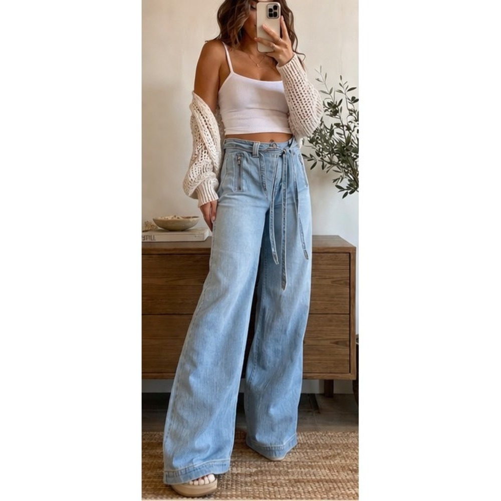 Pilcro Anthropologie Wide Leg Jeans Womens 32 Light Wash Tie Waist Zip Pocket